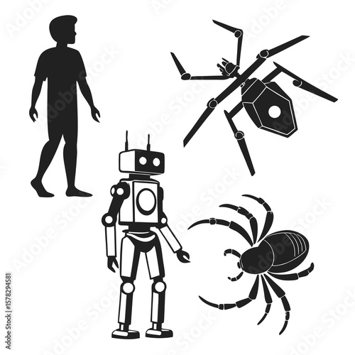 Humanoid robot mechanical spiders and person silhouette arachnid