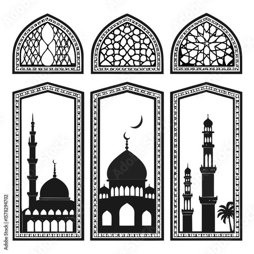 Islamic architectural elements mosque minarets domes crescent moon Islamic architecture