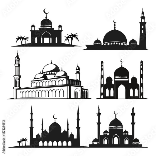Islamic mosque architecture styles domes minarets crescent building silhouette