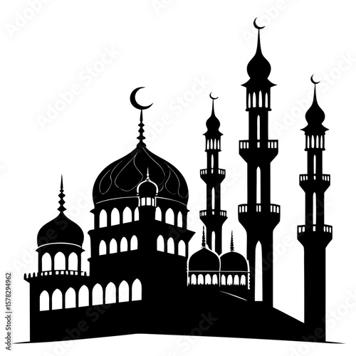 Islamic mosque silhouette with crescent moons architecture building
