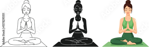 Three depictions of a woman in a lotus position doing yoga on a mat