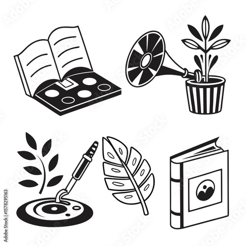 Leisure hobby icons open book plant gramophone leaf potted plant