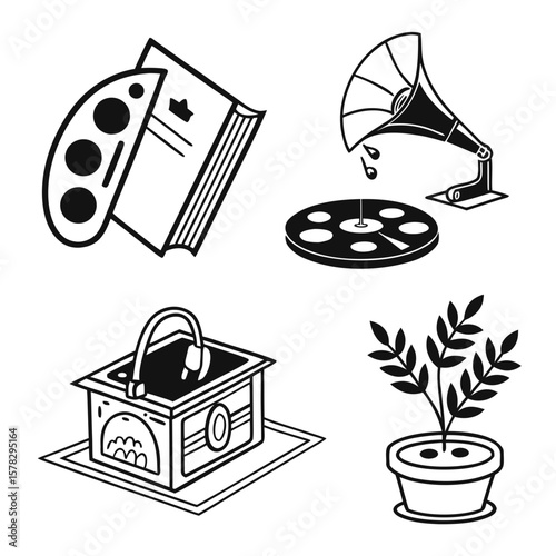 Leisure hobby icons paint book gramophone sink plant painting reading
