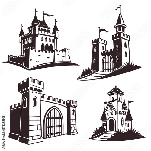 Medieval castle gate and towers silhouettes fortress architecture