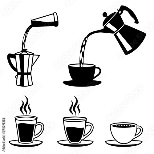 Minimalist black coffee brewing and serving icons pouring