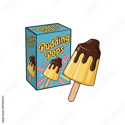A box of yellow pudding pops with chocolate topping, one pop displayed prominently.