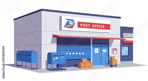 Post office building illustration with blue mailboxes and package delivery, Modern post office building in bright colors with boxes and postal service