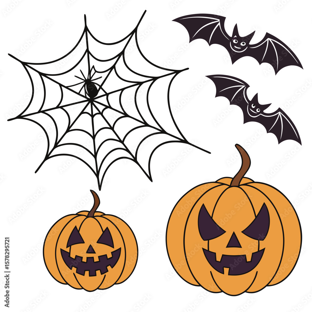Naklejka premium Halloween Vector Set Orange Pumpkins Bats Spiderweb