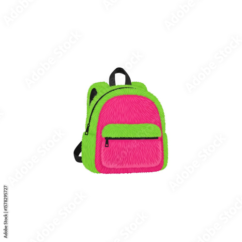 A vibrant, small backpack with lime green and pink fuzzy fabric.