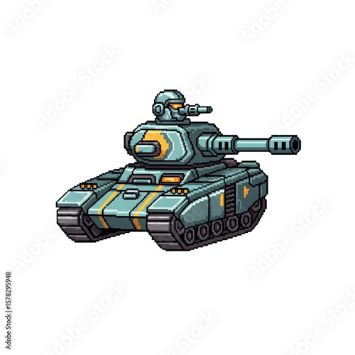 Pixel art depiction of a futuristic, teal tank with a robotic turret, ready for action.