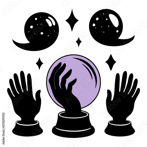 Psychic crystal ball with hands and stars fortune telling divination