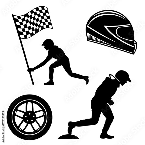 Racing checkered flag helmet wheel and driver silhouettes motorsport