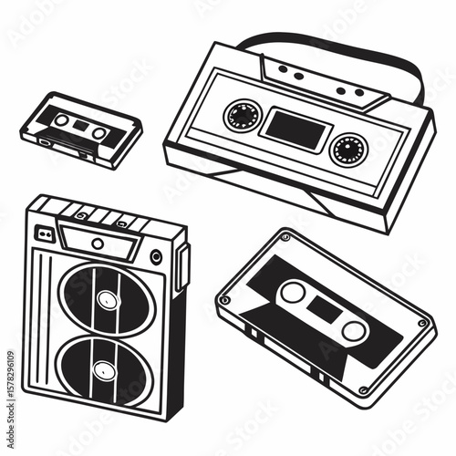 Retro cassette tapes and boombox illustration music player audio cassette