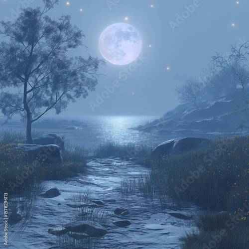 Misty Moonlit Meadow. Tranquil night landscape with full moon shining over calm water, wild grasses, and silhouetted trees. Perfect for travel scenes, relaxation visuals, and nature inspiration.