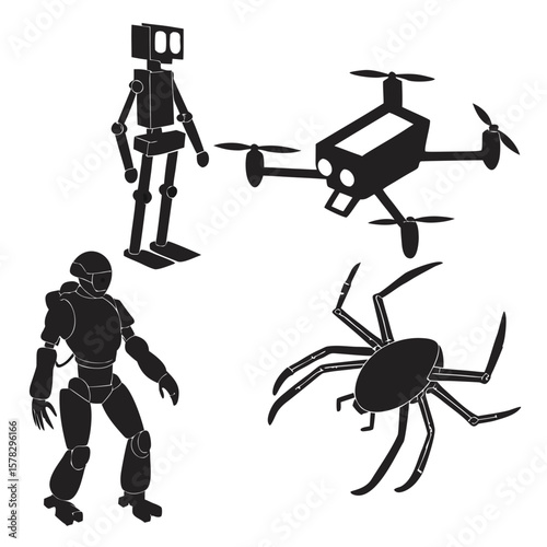 Robotic figures drone spider humanoid mechanical forms vector