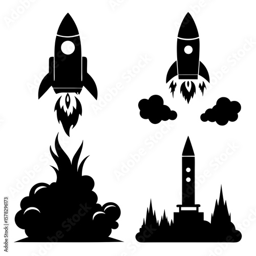 Rocket launch blast off and takeoff silhouettes vector