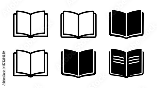 Vector art of a collection of open book icons in black and white isolated on white background