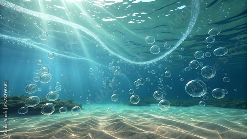 Underwater abstract with bubble trails and light distortions. Underwater background.