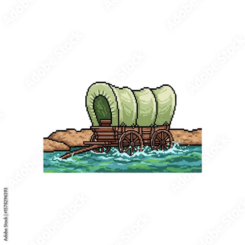 Pixelated illustration of a covered wagon crossing a shallow river.