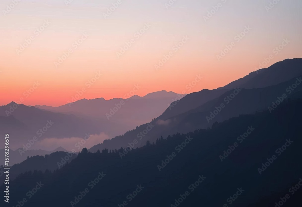 Fototapeta premium Misty mountains, pale pink sunrise, subtle brushstrokes, gradient sky, pastel, japanese art