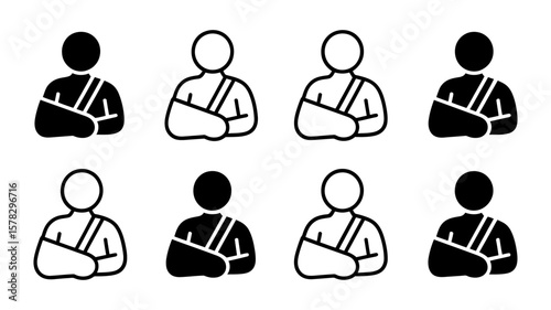 Vector art of icons of people with arm slings represent injury, recovery, and medical care isolated on white background