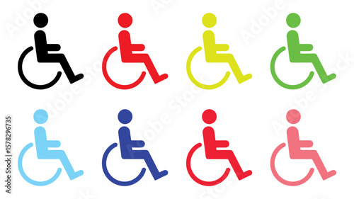 Vector art of a collection of colorful wheelchair icons isolated on white background represents accessibility and inclusivity