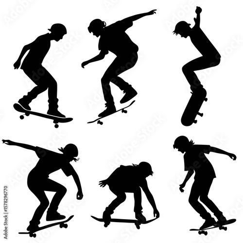 Six black silhouettes of skateboarders performing tricks skateboarding ollie