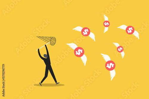 Businessman Running to catch dollar sign money. concept of Pay raise, opportunity for more salary, income or investing profit, wages, chasing for earning, challenge or risk, motivation