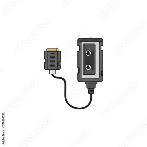Illustration of a cassette tape adapter with a connected VGA connector.