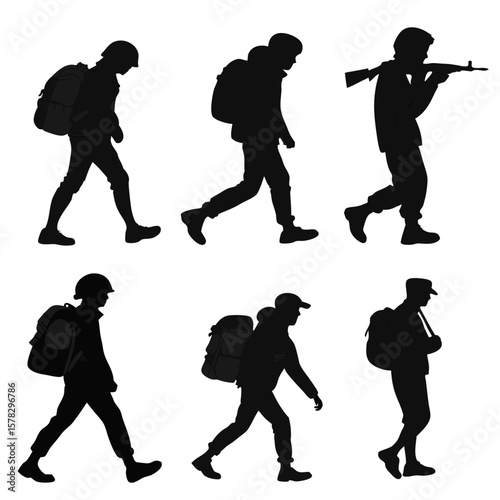 Six black silhouettes of soldiers with backpacks walking and aiming vector