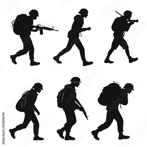 Six black silhouettes of soldiers marching with rifles and backpacks military walking