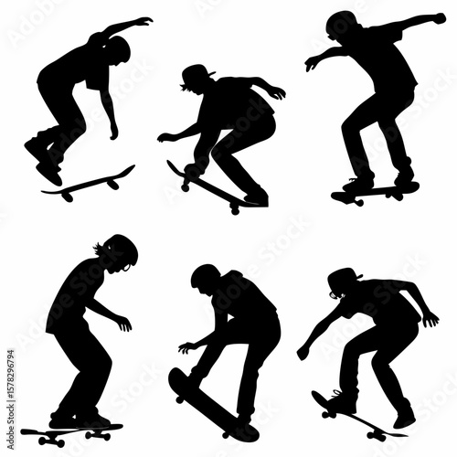 Six black skateboarding silhouettes performing tricks skateboarders action