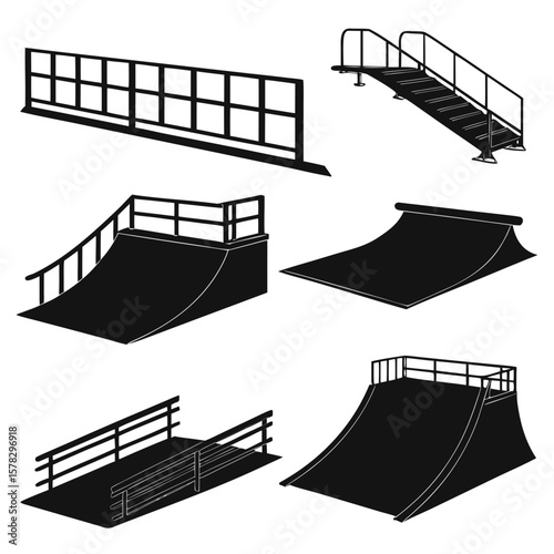 Skatepark ramps rails and stairs black silhouettes obstacles