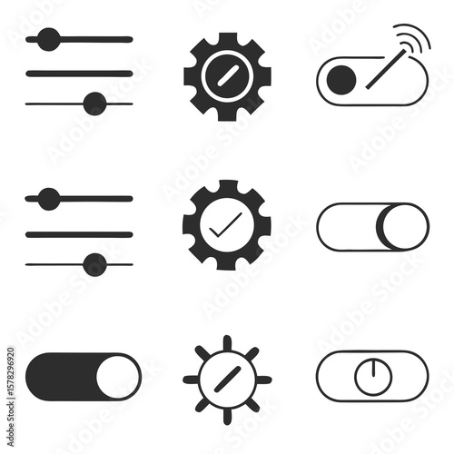 Slider toggle and gear icons for interface settings switch cogwheel