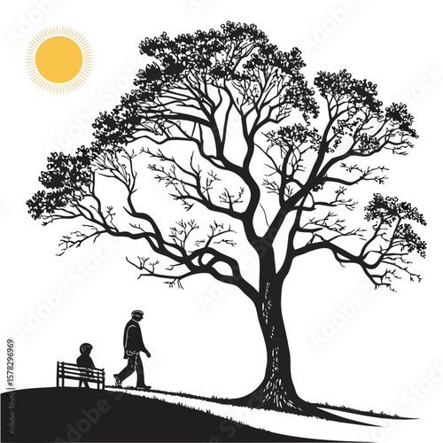 Black Silhouette Man Child Walking Tree Park Bench Sun