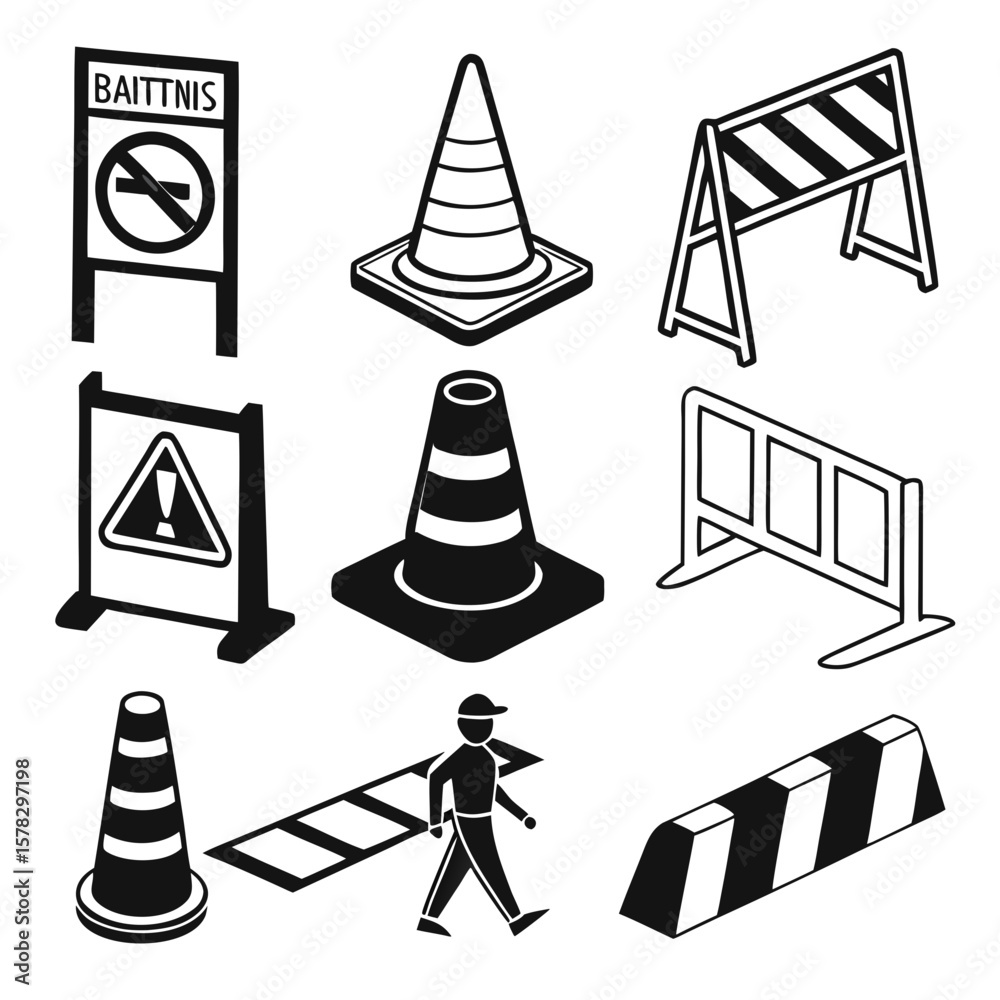 Traffic cones barriers and warning signs collection road barriers construction Traffic cones barriers and warning signs collection road barriers construction