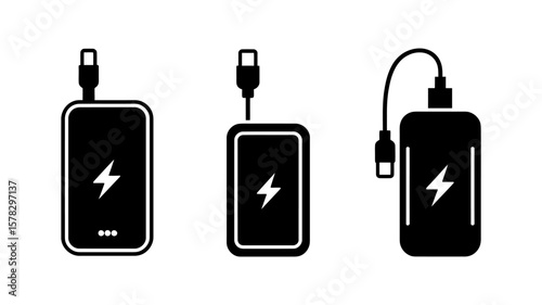 Vector art of a set of black power bank icons isolated on white background, showcasing portable charging solutions for smartphones