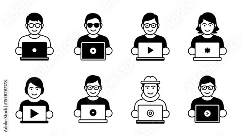 Vector art of a set of programmer icons isolated on white background, depicting developers working on laptops with various designs
