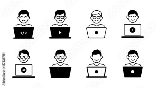 Vector art of a collection of programmer icons isolated on white background, representing software developers working on laptops