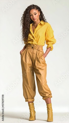 Wallpaper Mural Young European female model wearing classic outfit studio photo with white background, curly hair with brown skin tone. Full body shot Torontodigital.ca