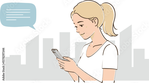 Young woman using smartphone, chatting online, modern communication concept, city background, cartoon style, digital lifestyle, messaging, technology illustration.