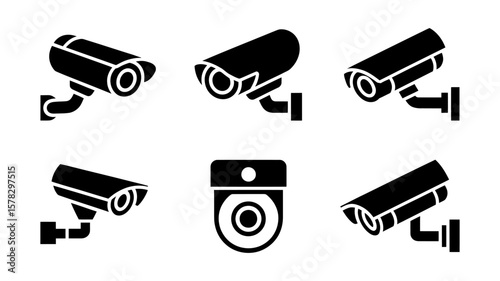 Vector art of a set of security camera icons for video surveillance and protection isolated on white background