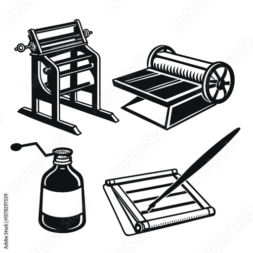 Vintage printing press ink bottle and quill pen writing vector