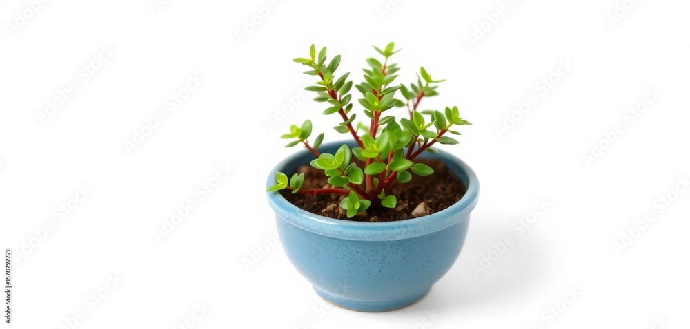 Fototapeta premium Tiny jade plant in a small blue pot, isolated on white, graphic, indoor plant