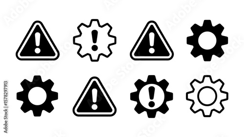 Vector art of a set of warning and gear icons isolated on white background symbolizing technical issues