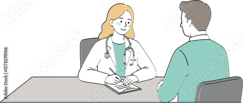Doctor consulting with patient in clinic, healthcare consultation, professional medical advice illustration for hospital, therapy, wellness, or insurance use.