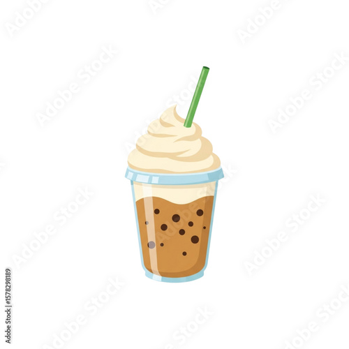 A cartoon illustration of a cold coffee drink with whipped cream and a green straw in a plastic cup.