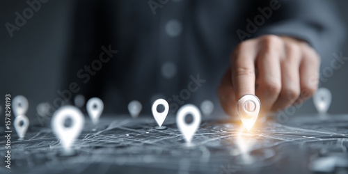 Hand selecting location pin on digital map interface