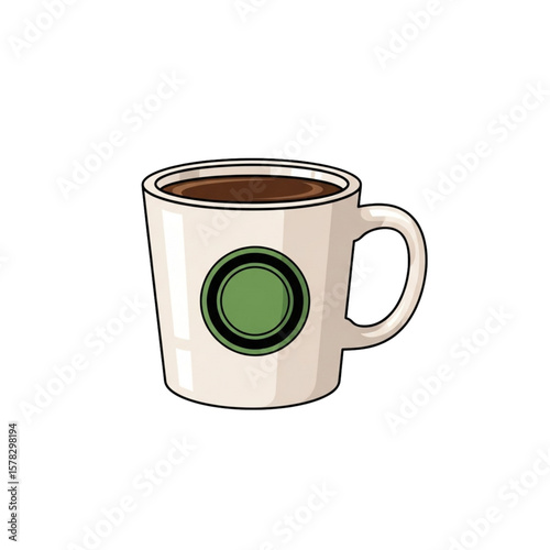 Illustration of a white coffee mug filled with dark coffee, featuring a green circular logo on its side.