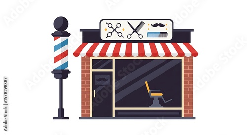 Charming Barber Shop Illustration with Traditional Pole and Classic Signage, Detailed Barber Shop Facade with Red and White Awning and Professional Styling Chair